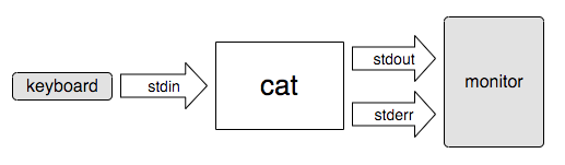 A flowchart showing the data coming in from the keyboard through "stdin" and going through "cat", "stdout", and "stderr" to a monitor