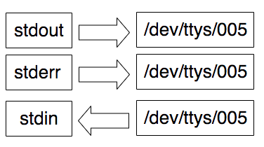 An image showing three boxes with "stdout", "stderr" and "stdin" and three arrows pointing to the right to three other boxes with "/dev/ttys/005 written on them