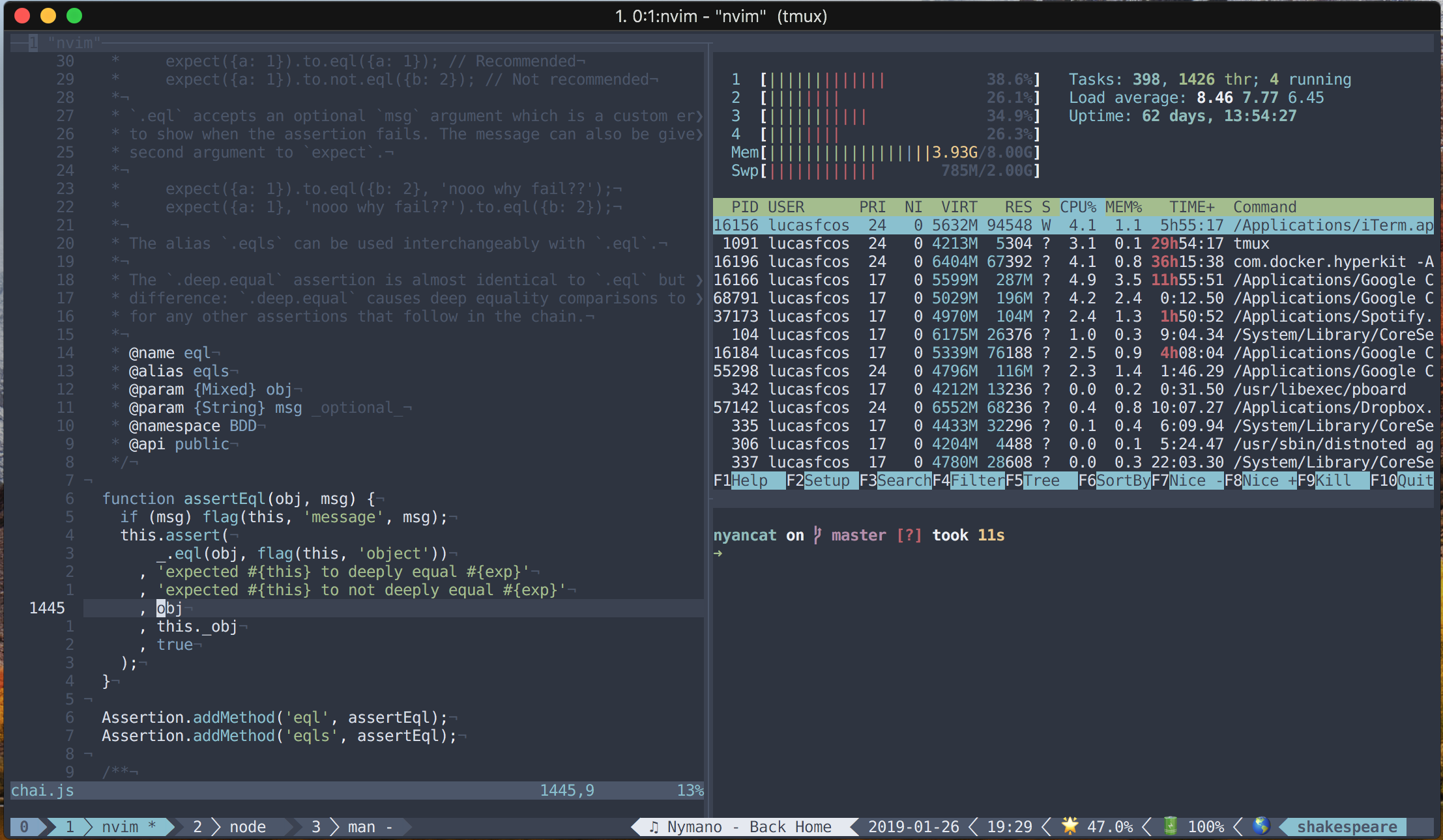 An image from my terminal showing three panes. My text editor (`vim`), htop and a blank pane.