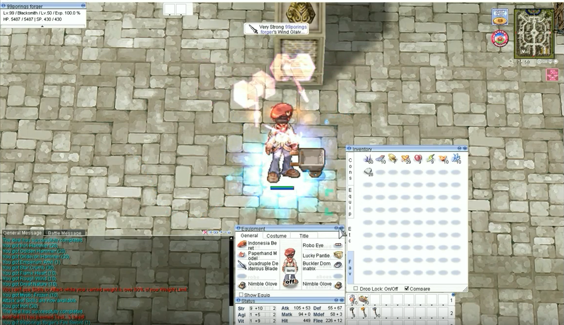 A screenshot of Ragnarok Online showing a Wizard killing Thara frogs and obtaining a card