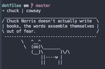 An ASCII drawing of a cow telling a Chuck Norris joke.
