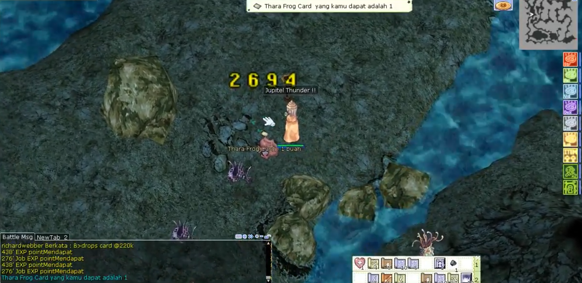 A screenshot of Ragnarok Online showing a Wizard killing Thara frogs and obtaining a card